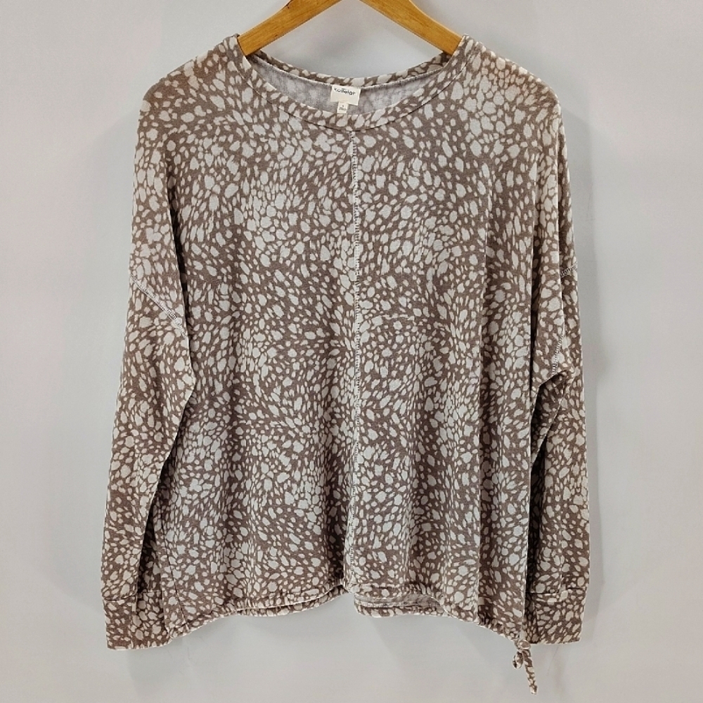 Kaileigh Sweatshirt Size Small Oversized Beige White Print Long Sleeve Stretch